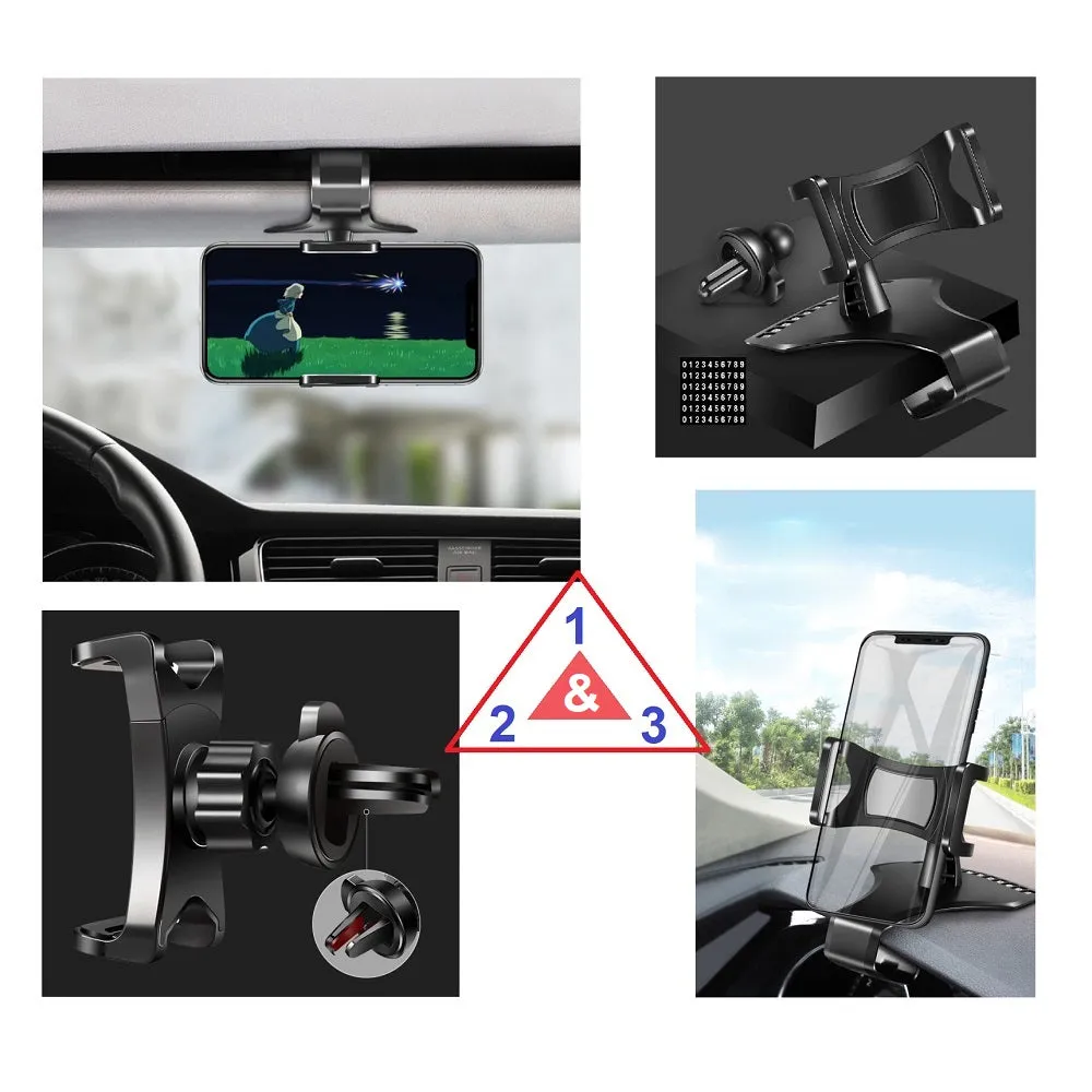 3 in 1 Car GPS Smartphone Holder: Dashboard / Visor Clamp   AC Grid Clip for Huawei Fusion U8652 - Black