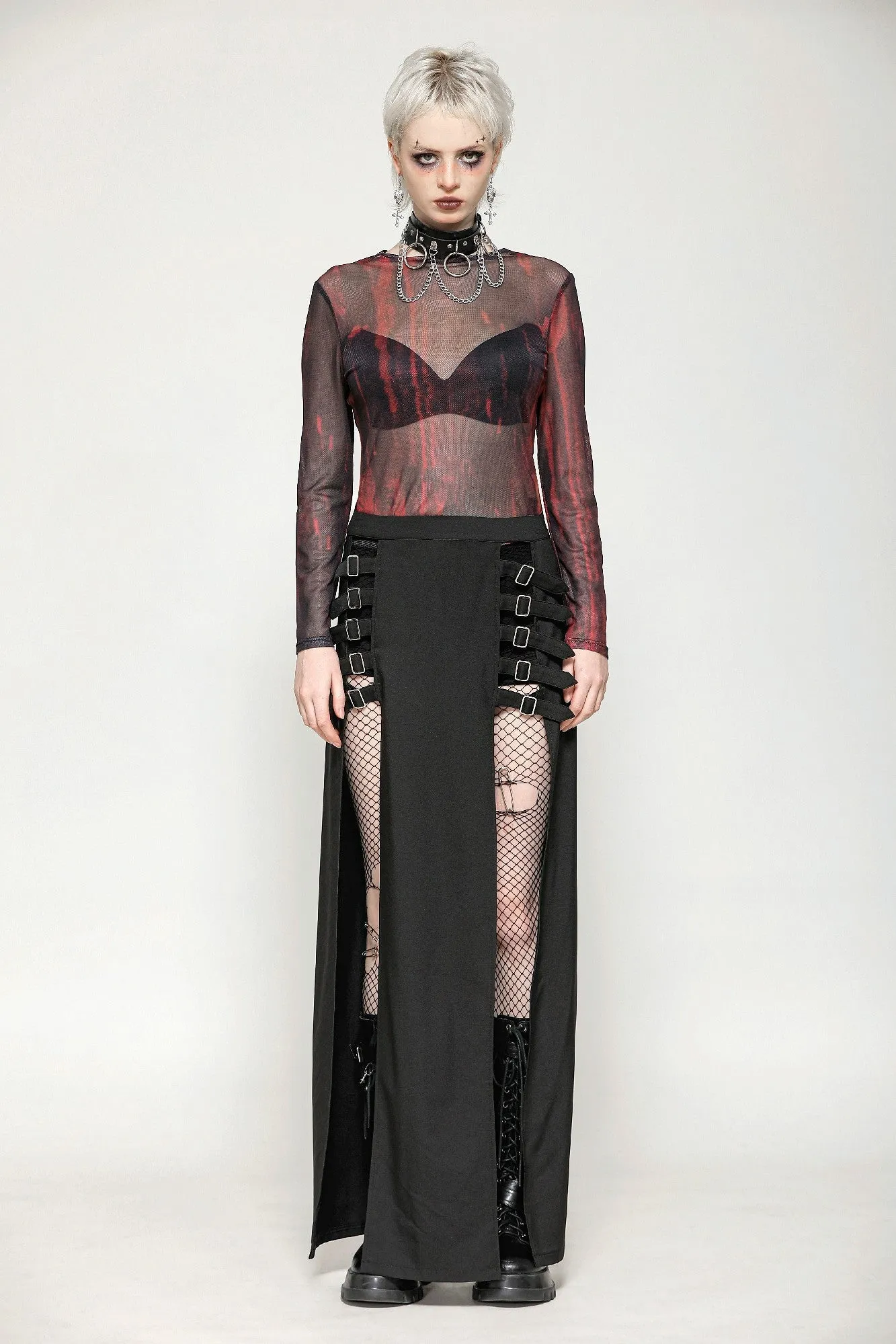 Black and Red Tie-Dye Mesh Versatile Basic Top TW620
