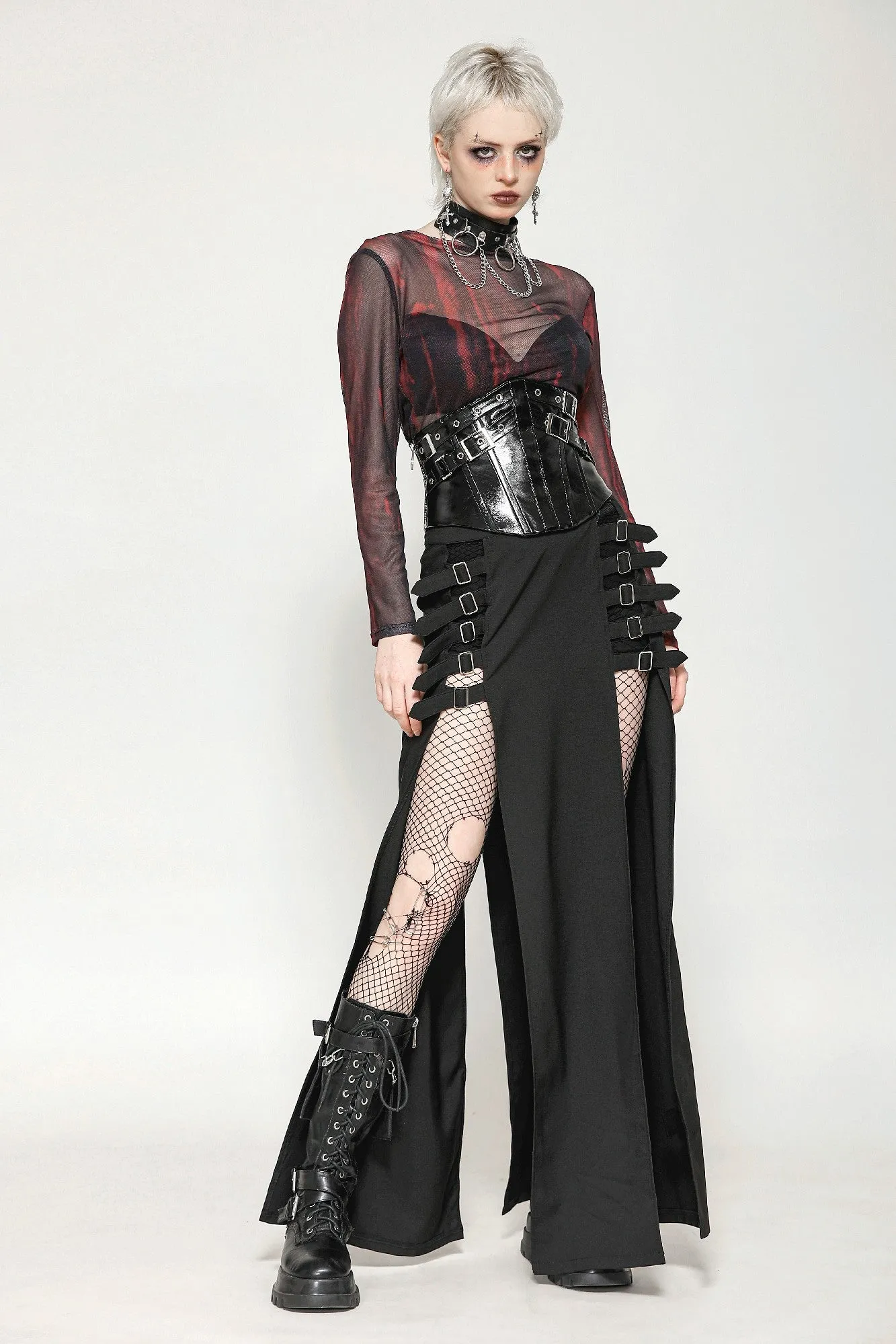 Black and Red Tie-Dye Mesh Versatile Basic Top TW620