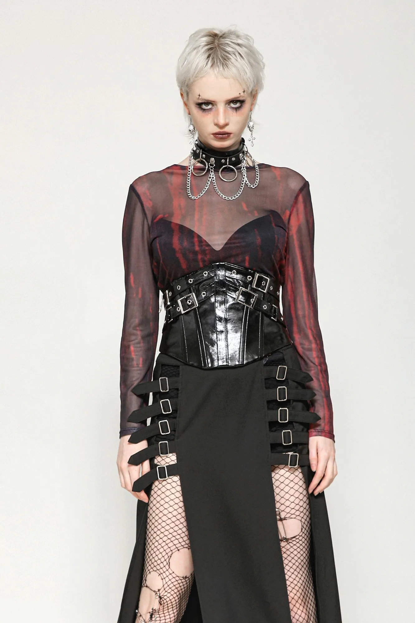 Black and Red Tie-Dye Mesh Versatile Basic Top TW620