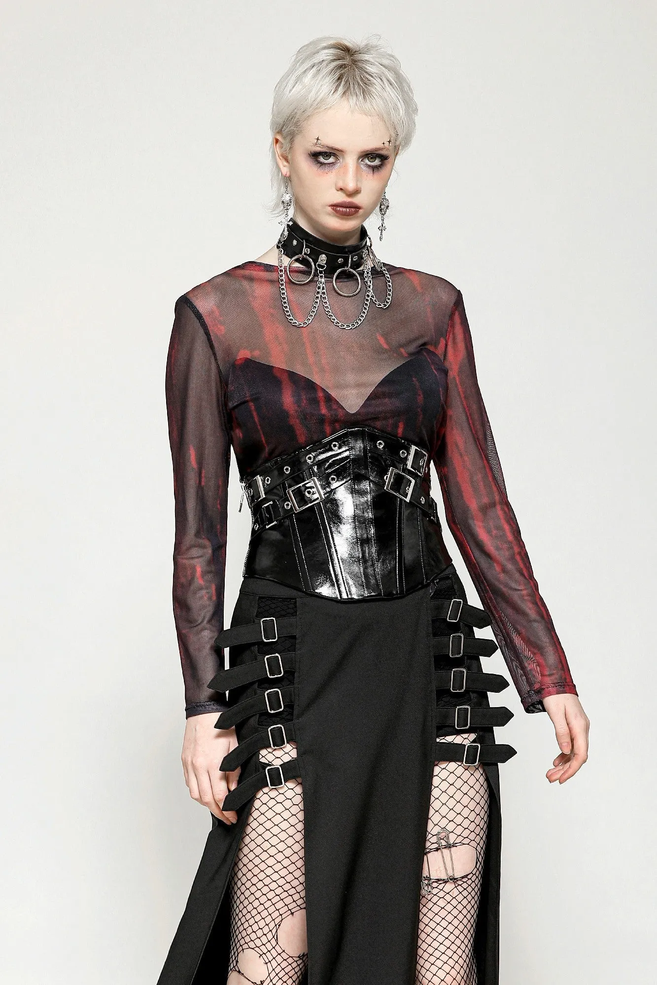 Black and Red Tie-Dye Mesh Versatile Basic Top TW620
