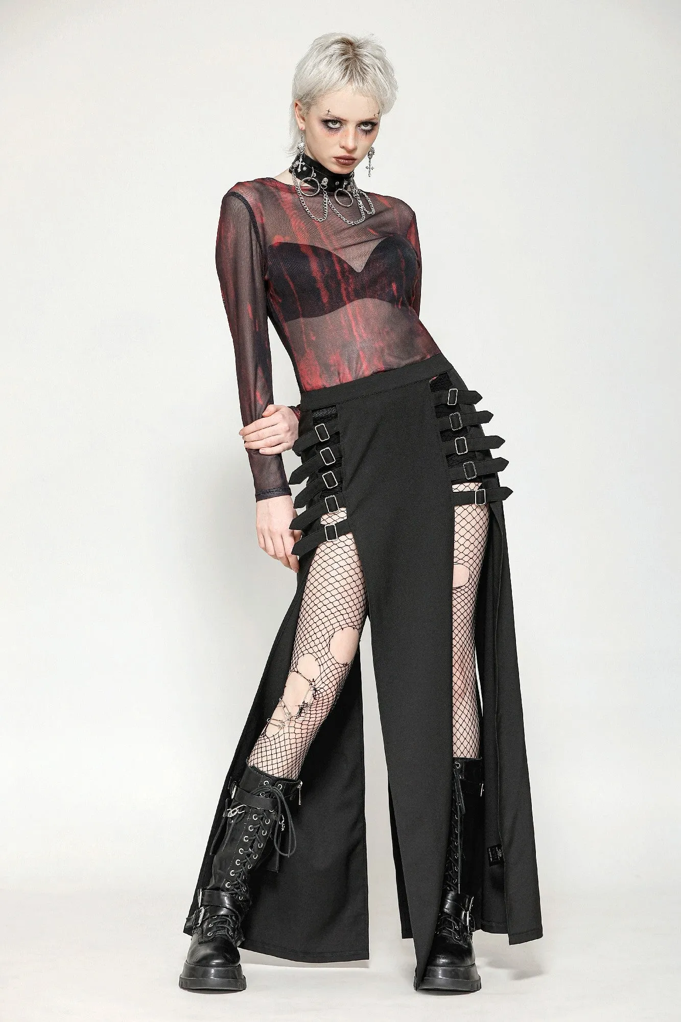Black and Red Tie-Dye Mesh Versatile Basic Top TW620