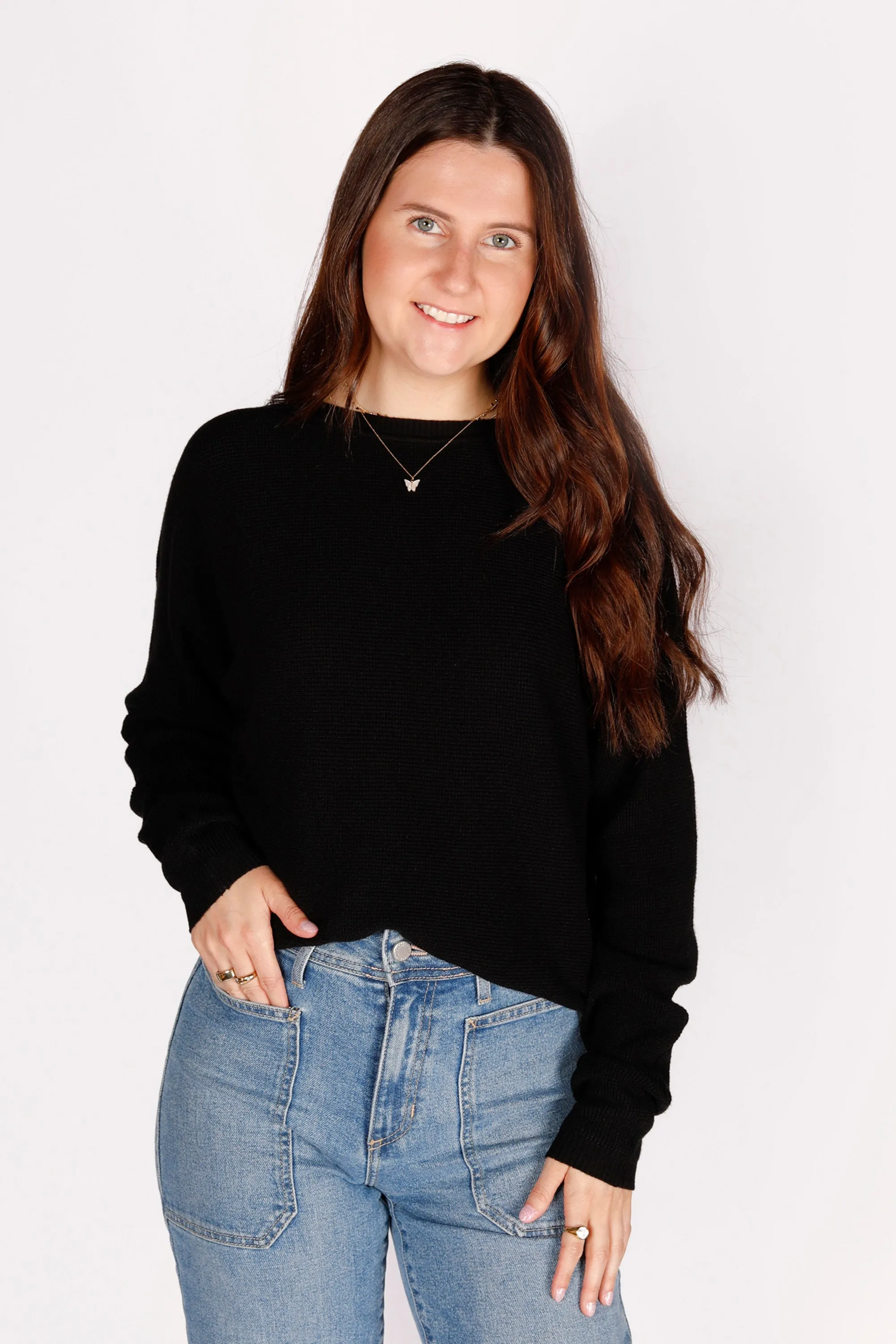 Black Waffle Knit Top