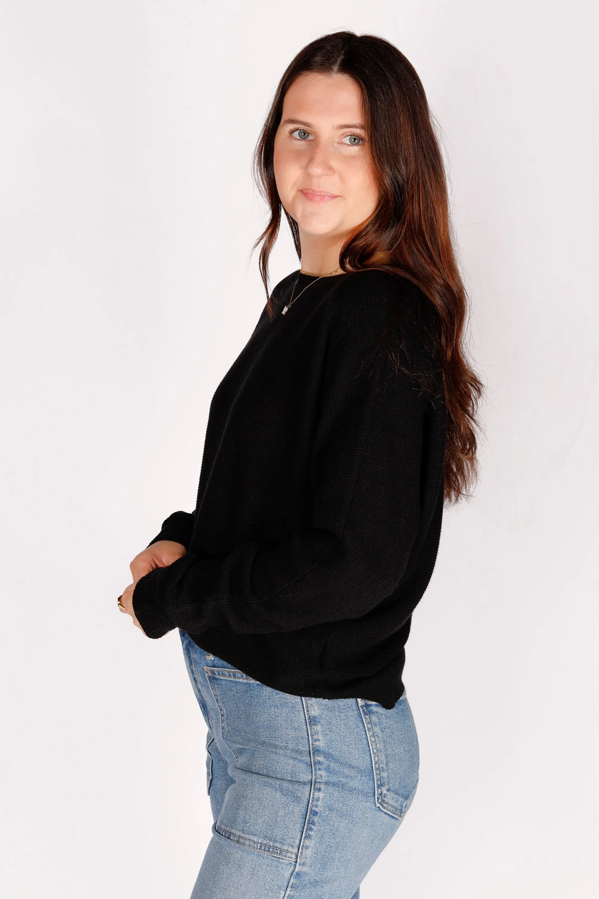 Black Waffle Knit Top