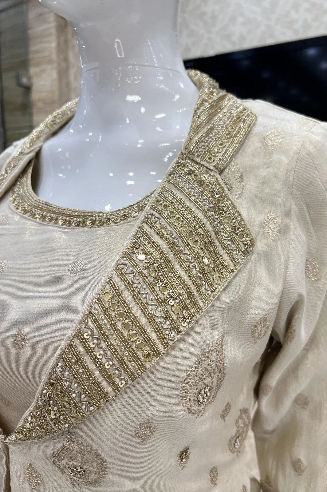 Golden Beige Anarkali Style Salwar Suit with Overcoat and Gathering Pants