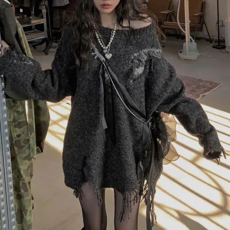 Gothic Oversized Sweater für Frauen Off-Shoulde Bequemer Stil