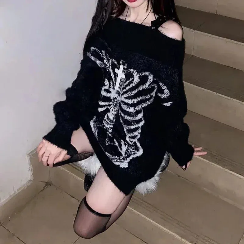 Gothic Pullover mit Skelett-Muster dick schwarz und wei