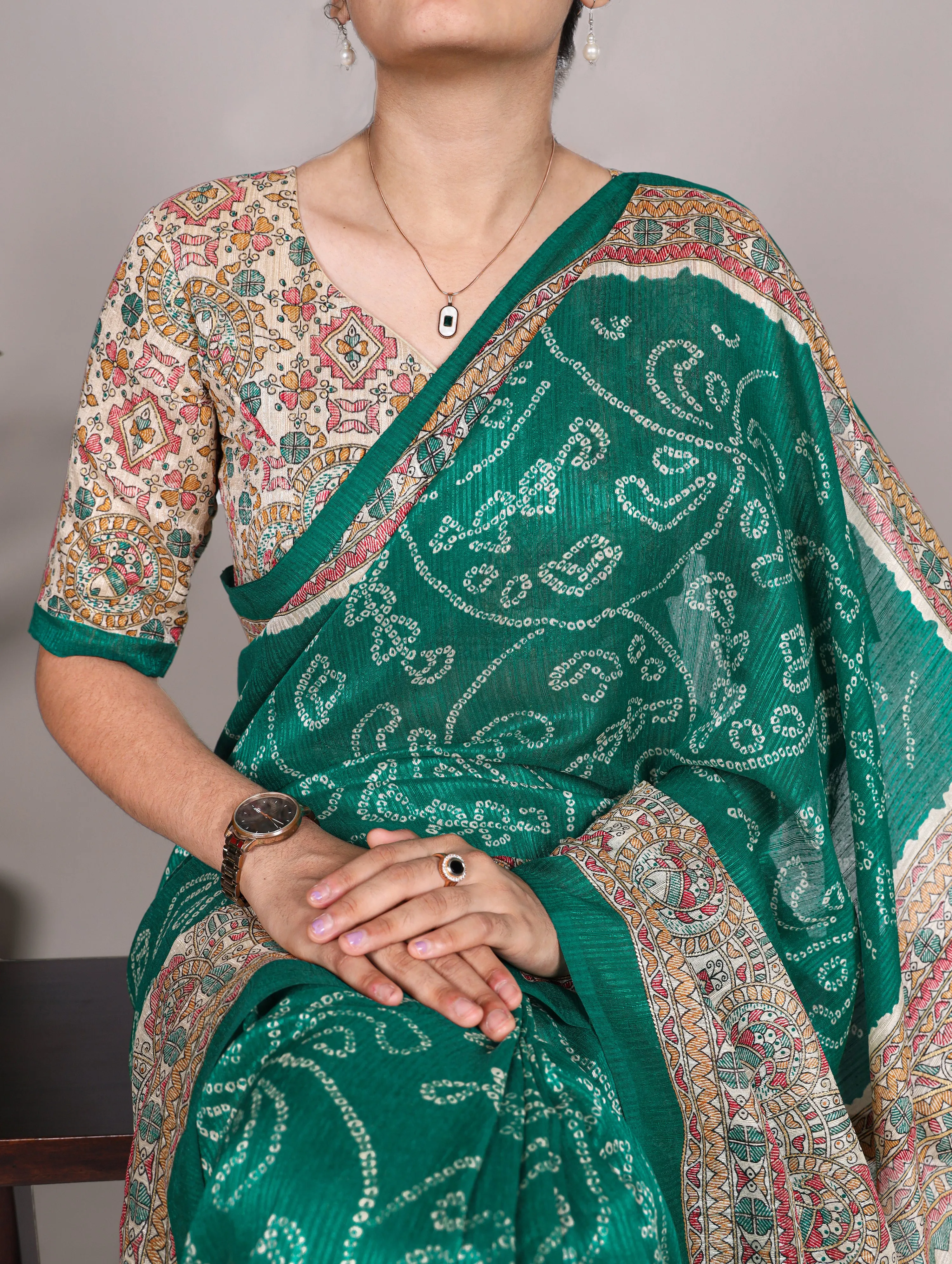 Green Pure Green Silk Fusion Print Of Madhubani Bandhej Print Saree