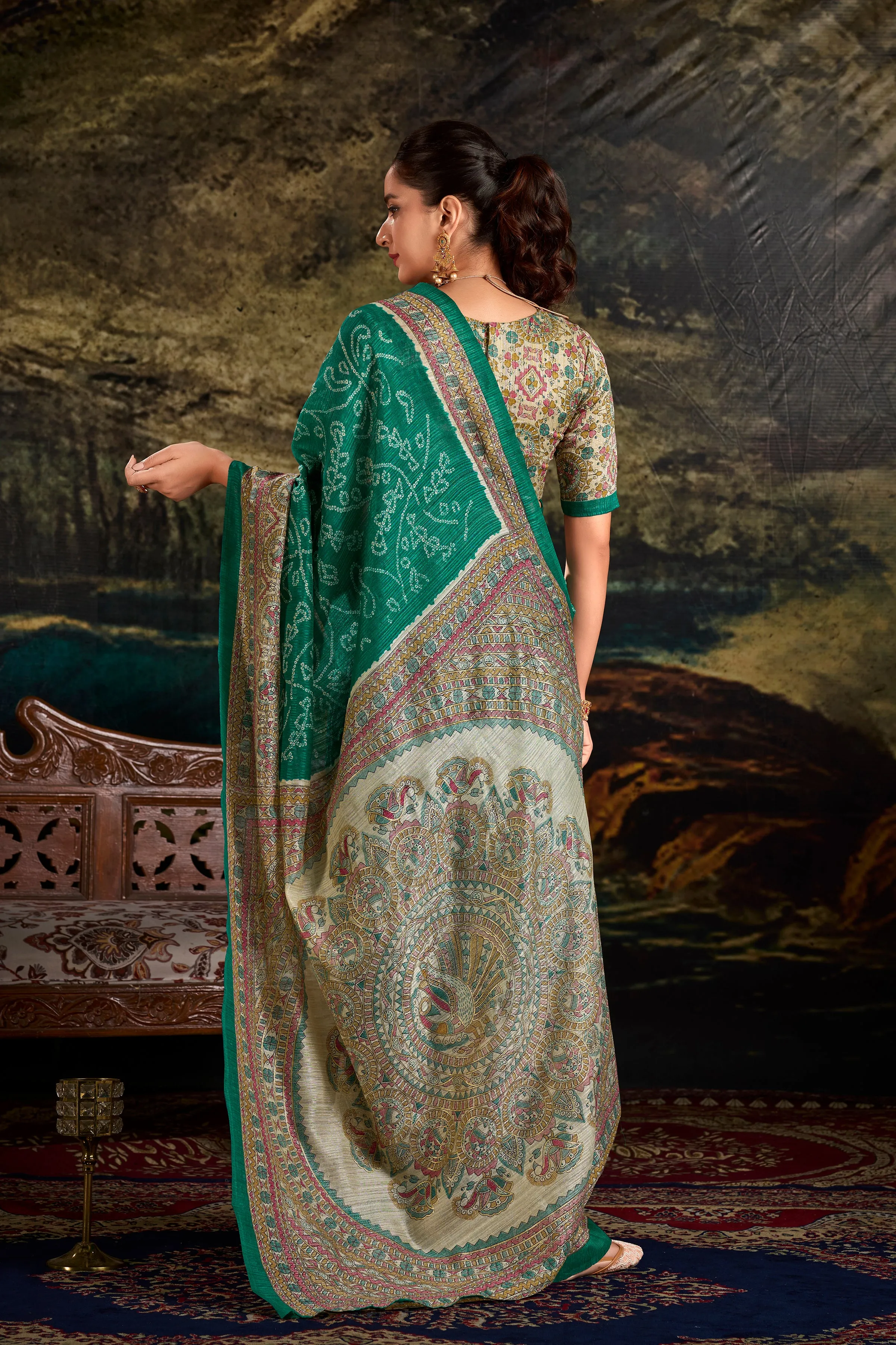 Green Pure Green Silk Fusion Print Of Madhubani Bandhej Print Saree