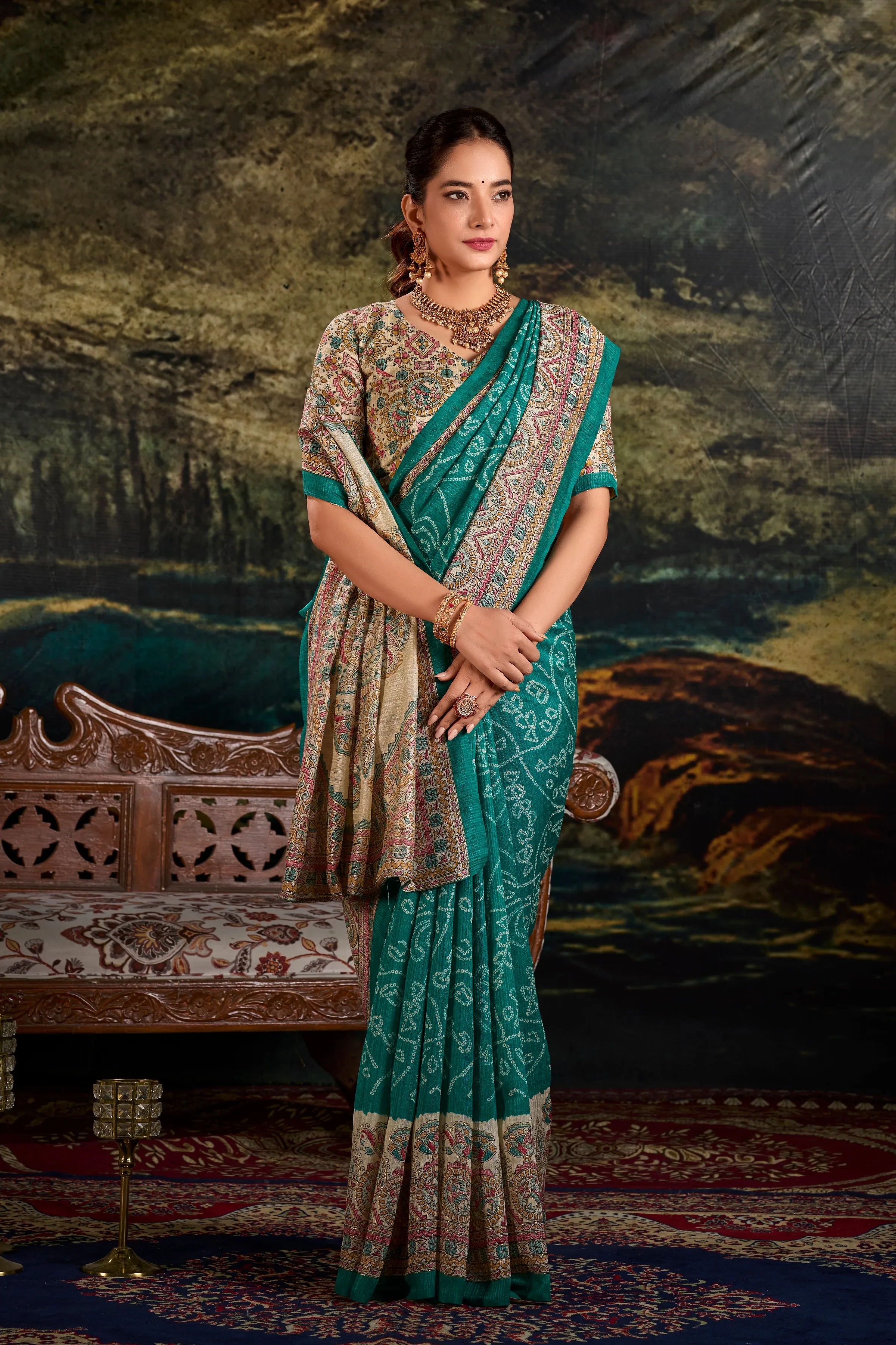 Green Pure Green Silk Fusion Print Of Madhubani Bandhej Print Saree