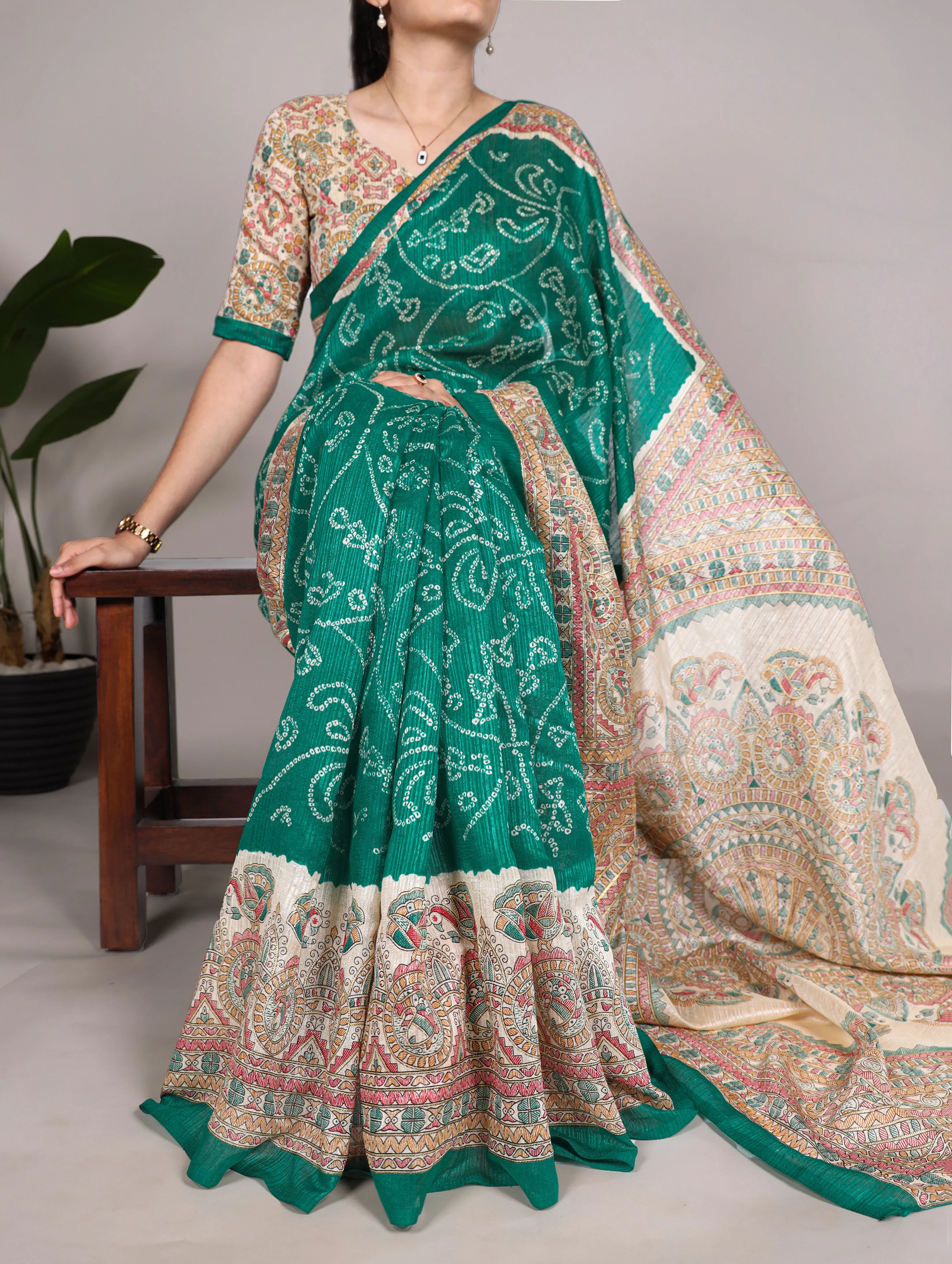 Green Pure Green Silk Fusion Print Of Madhubani Bandhej Print Saree