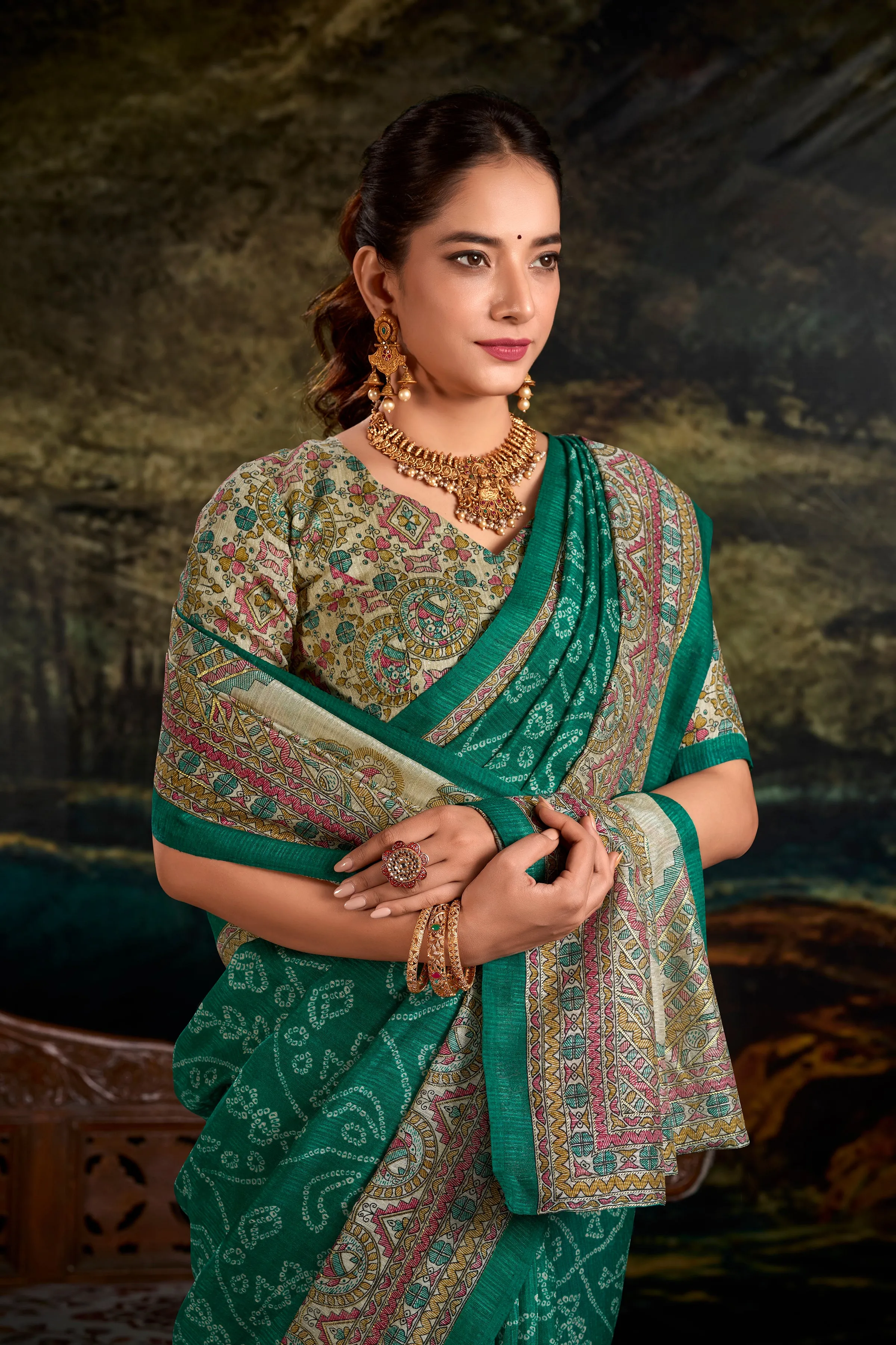 Green Pure Green Silk Fusion Print Of Madhubani Bandhej Print Saree