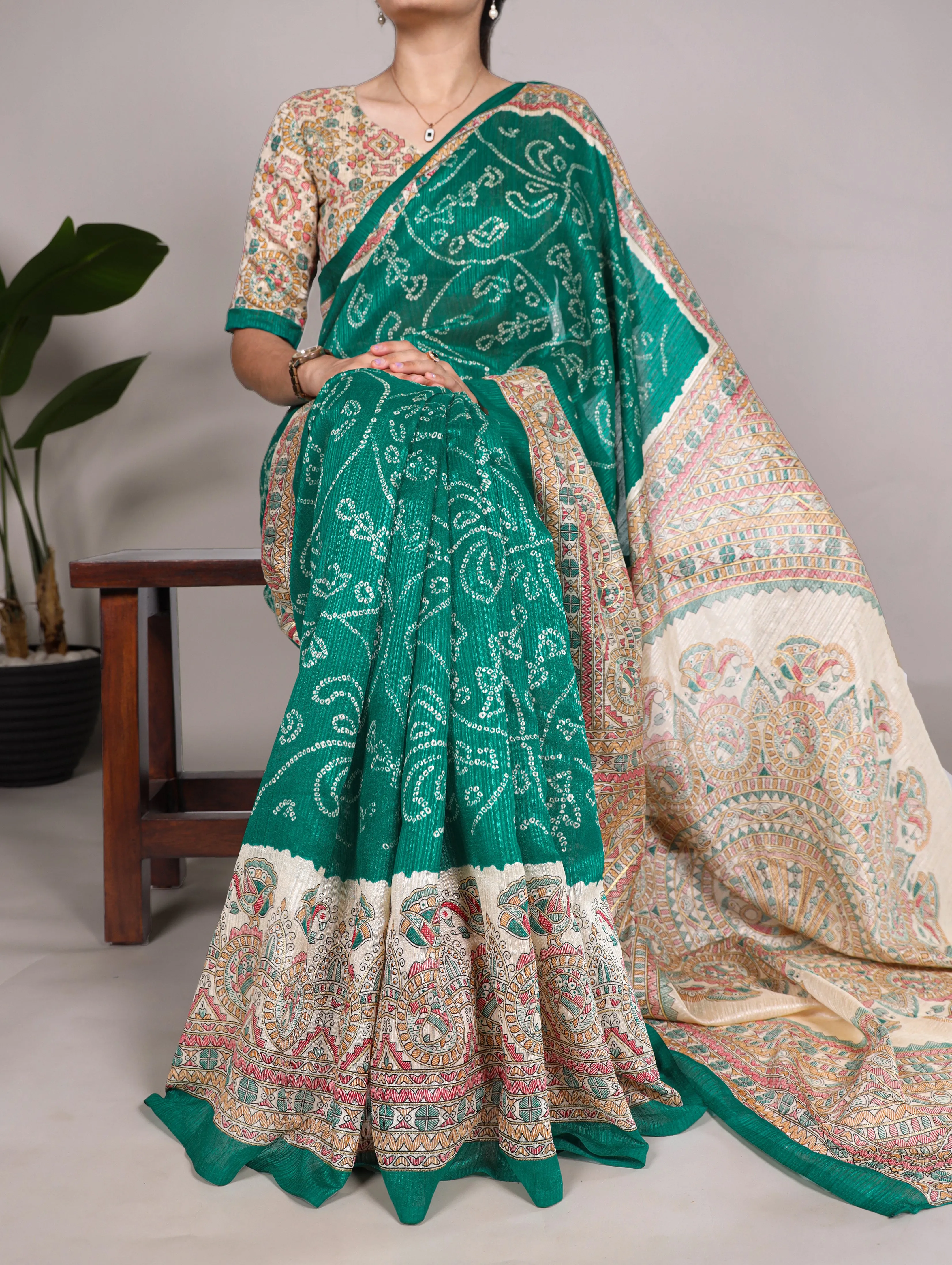 Green Pure Green Silk Fusion Print Of Madhubani Bandhej Print Saree