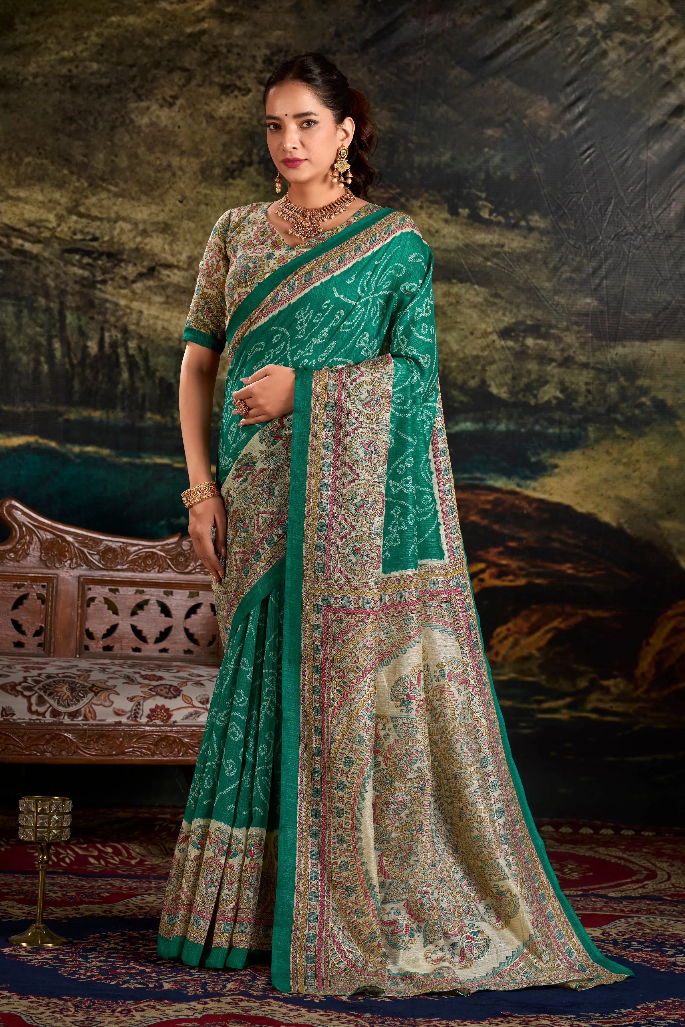 Green Pure Green Silk Fusion Print Of Madhubani Bandhej Print Saree