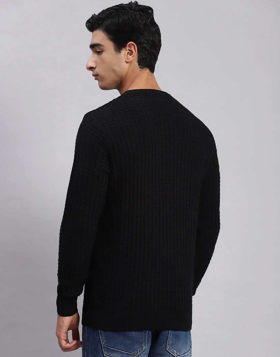 Men Black Self Design V Neck Full Sleeve Sweaters/Pullovers