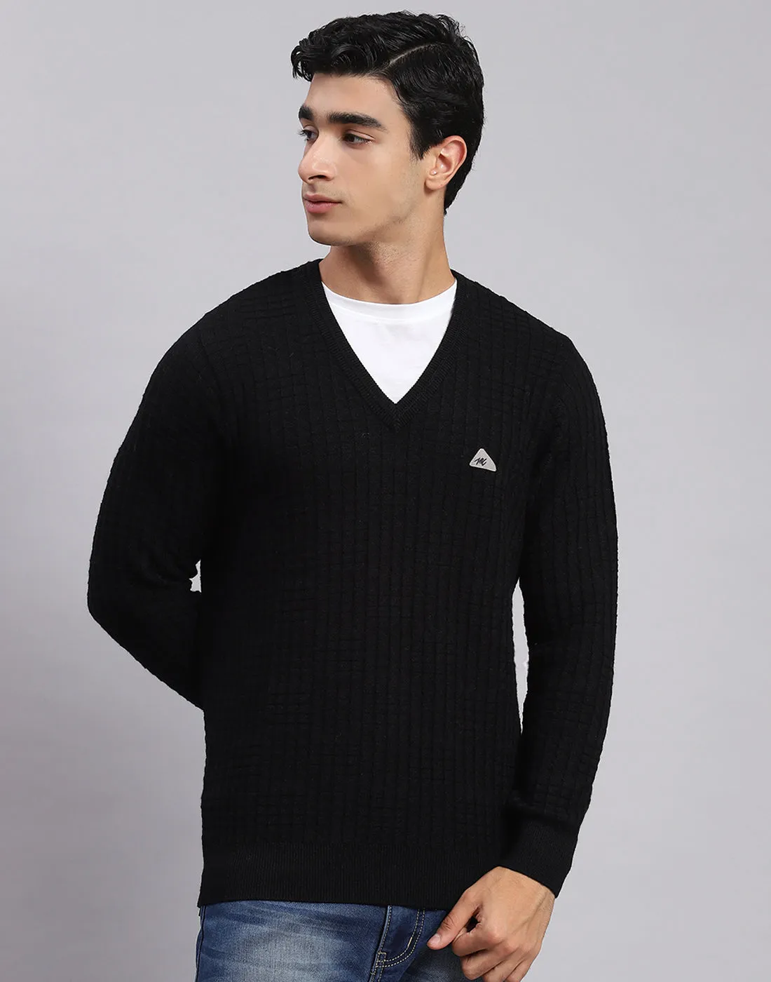 Men Black Self Design V Neck Full Sleeve Sweaters/Pullovers