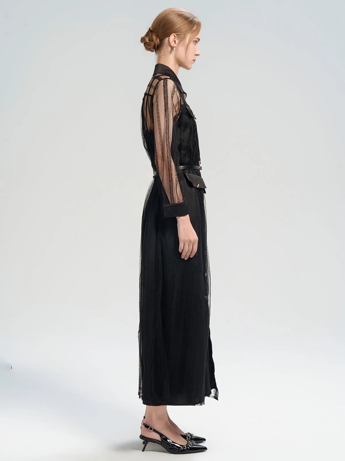 Sheer Lace Belted Maxi Dress