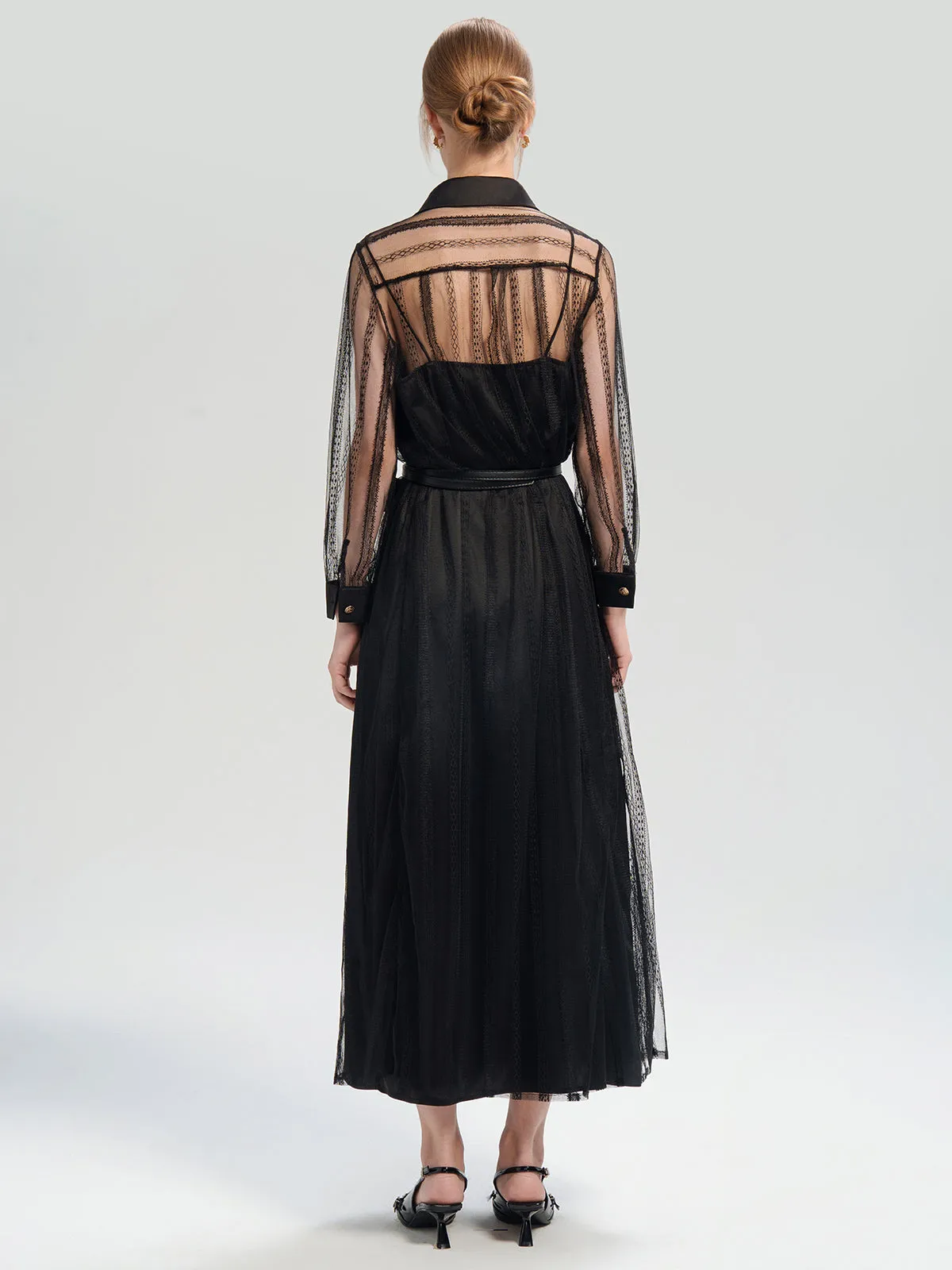 Sheer Lace Belted Maxi Dress