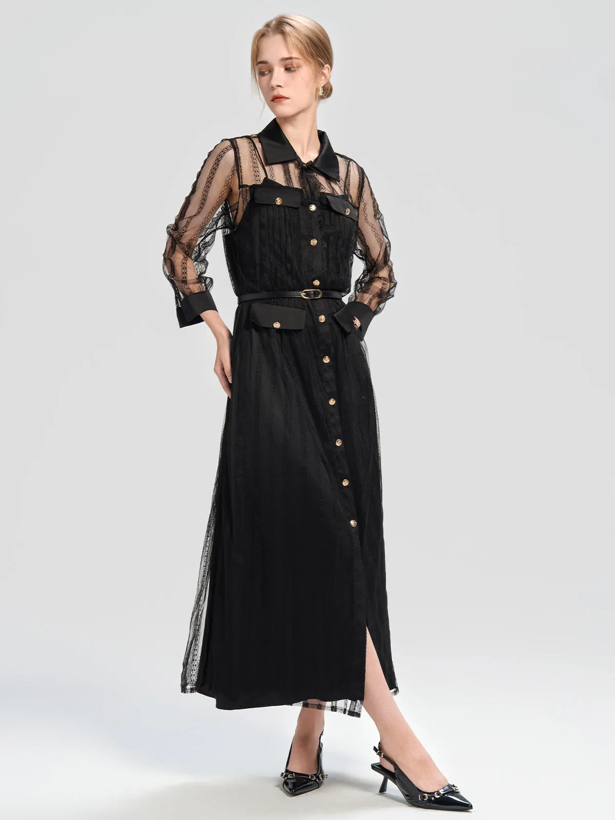 Sheer Lace Belted Maxi Dress