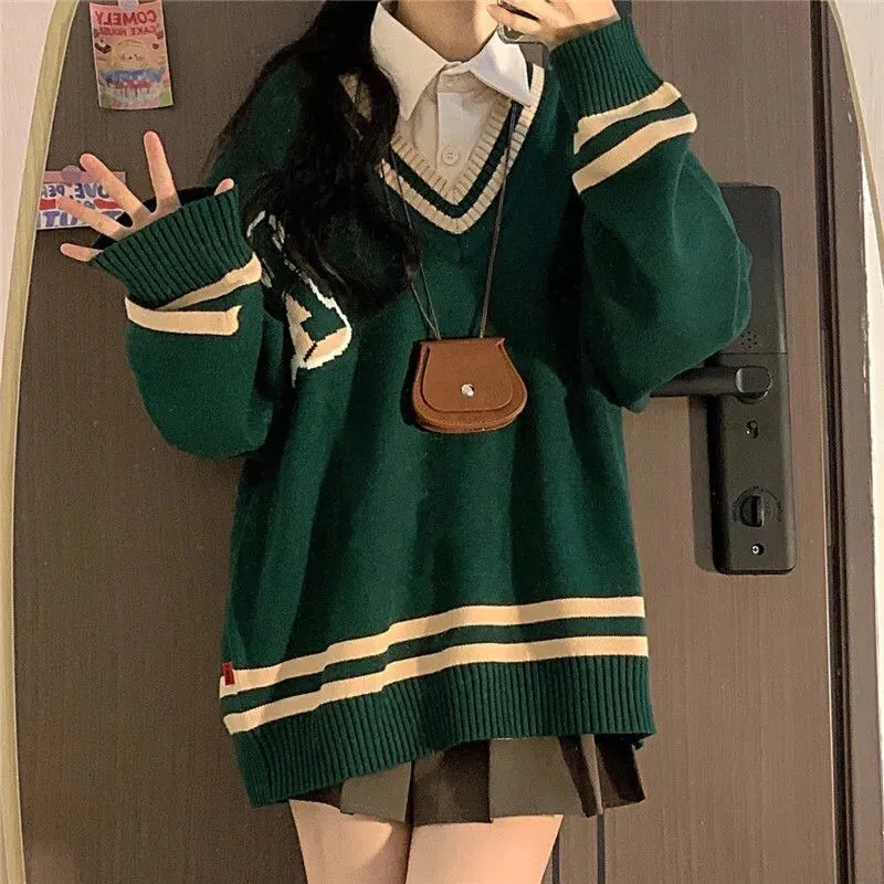 V-Neck Knit College Sweater