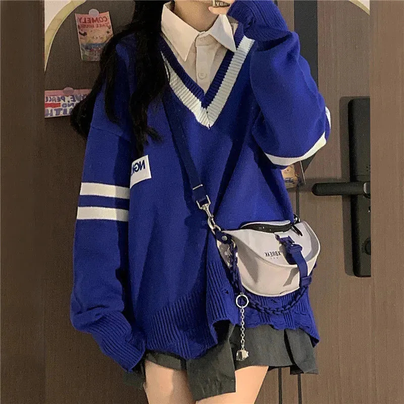 V-Neck Knit College Sweater