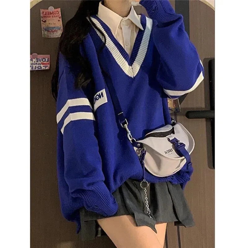 V-Neck Knit College Sweater
