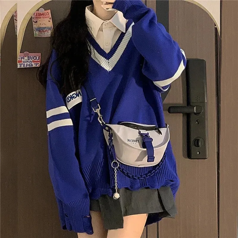V-Neck Knit College Sweater