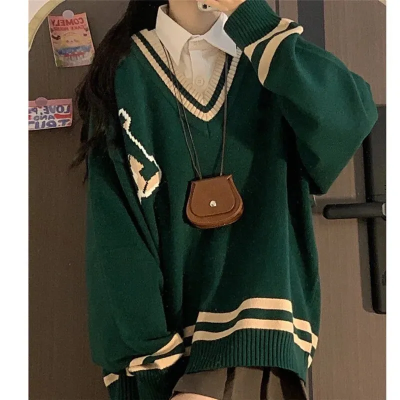 V-Neck Knit College Sweater