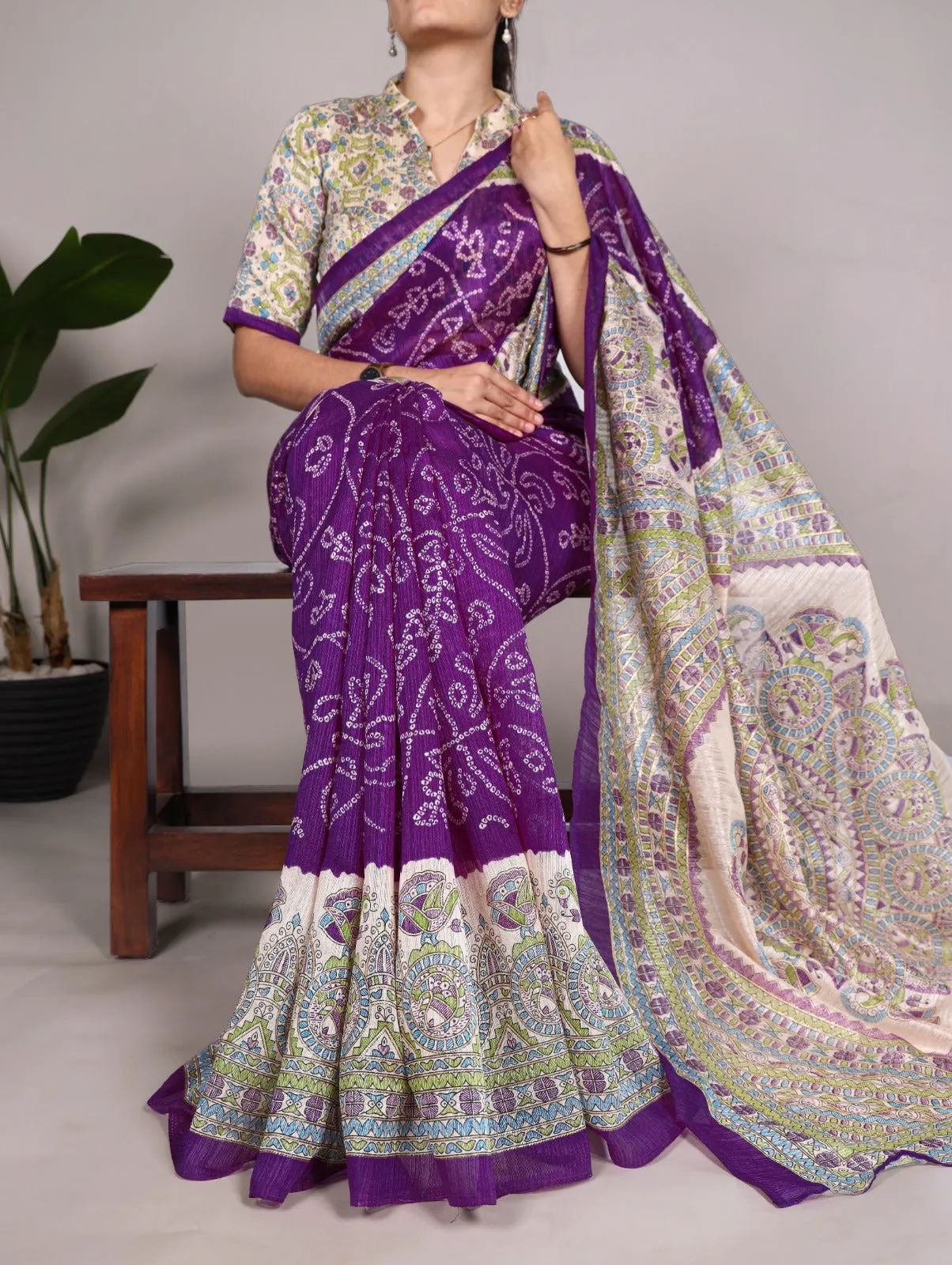 Women's Designer Party Wear Madhubani Bandhej Print Saree